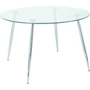Modern simple round glass table, wear-resistant tempered glass countertop, electroplated table legs, grey PU dining chair set, suitable for restaurant kitchen use (set of 7)