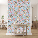 Elegant Blue Wallpaper with Pink Flowers Vogue