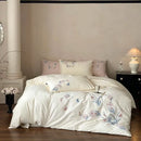 Cream Satin Bedding Set With Flower Embroidery