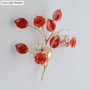Elegant gold branch wall lamp with white rose for bedroom sconce lighting