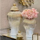 Elegant gold striped ceramic ginger jar living room storage