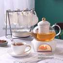 Elegant gold & white ceramic tea set with glass teapot kitchen warmer
