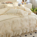 Elegant heart cream satin bedding set bedroom floral lace embroidery