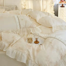 Elegant heart cream satin bedding set bedroom floral lace embroidery