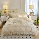 Elegant heart cream satin bedding set bedroom floral lace embroidery