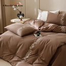 Elegant lily brown & white cotton bedding set bedroom embroidery