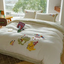Embroidered fleece winter bedding set cream bedroom teddy bear design