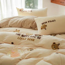 Embroidered fleece winter bedding set cream bedroom teddy bear design