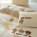 Embroidered fleece winter bedding set cream bedroom teddy bear design