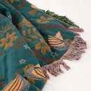 Embroidered teal & cream cotton sofa throw blanket living room quilt