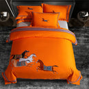 Embroidered white bedding set with galloping horse bedroom decor