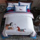 Embroidered white bedding set with galloping horse bedroom decor