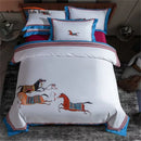 Embroidered white bedding set with galloping horse bedroom decor