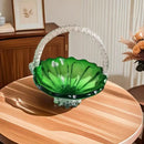 Emerald green glass fruit basket with crystal handle living room tray
