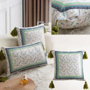 Ethnic botanical teal & navy pillow cover set living room tassels