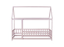 Twin Size House Floor Wooden Bed with Roof Frame,Safety Guardrails,Pink