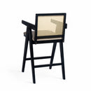27' Height, Cream Grey Woven Cane Plastic Backrest Bar Stool - Foam-Padded Fabric Seat & Durable Rubberwood Frame