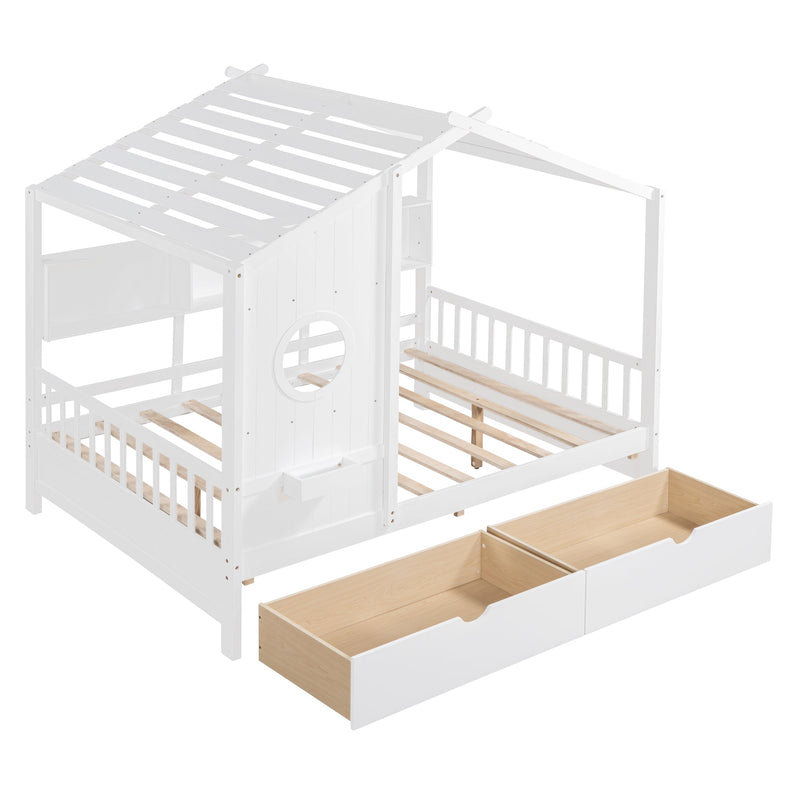 Wooden Full Size House Bed with 2 Drawers,Kids Bed with Storage Shelf, White