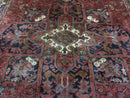 Persian Rug 8x11 Room Sized Heriz Carpet, Hand Knotted Wool Rug, Vintage Semi Antique, Geometric Medallion, Wine Red Cream Dark Blue, Wow