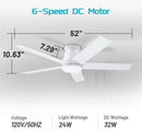 52 Inch White Ceiling Fan With Light Six Speed DC Motor