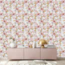 Fashionable White Wallpaper with Pink Flowers Chic