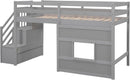 Twin Size Low Loft Bed In Gray With Stairs Storage