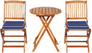 Patio Bistro Set With Wood Table And Navy Cushioned Chairs