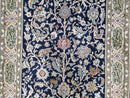 Semi Antique Persian Qum Tree of Life Rug, Hand-Knotted, Wool, Midnight Blue and Tan, Animal Pictorials, Written Poem in Borders, 4' 8" x 7' 8"