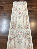 Chinese Aubusson Runner Rug 2.4 x 11, Hand Tufted Beige Floral European Design Hallway Rug, Elegant Rug, Vintage Wool Rug 11ft Long