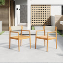 Creative Braided Acacia Wood Outdoor Dining Table and Chairs with Armrests, Teak Look & White Rope, Set of 2