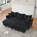 This 80-inch black corduroy L-shaped sofa comes with two small throw pillows that can be converted into a sofa bed for storage