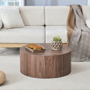 Simple Deep Walnut Cylindrical Coffee Table, MDF, 27.5-Inch Diameter x 12-Inch Height, Industrial/Minimalist Style.