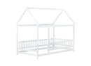Twin Size House Floor Wooden Bed with Roof Frame,Safety Guardrails,White