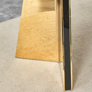 Table and chair set.63'x31.5x30' Luxurious Pandora patterned Sintered Stone Tabletop with Golden Stainless Steel Butterfly Legs.Paried With 4 Black High-quality PU Chairs With Arched Metal Legs.
