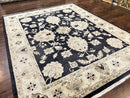 Indo Mahal Rug 8x10, Black and Beige, Vintage Rug 8 x 10 ft, Floral, Handmade Wool Carpet