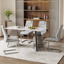Table and chair set.63'x31.5x30' Luxurious Snow Mountain Patterned Sintered Stone Table with Silver Metal Butterfly Legs.Paried With 4 Light Gray High-quality PU Chairs With Arched Metal Legs.