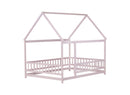 Full Size House Floor Wooden Bed with Roof Frame, Safety Guardrails,Pink
