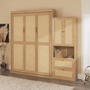 Full Size Solid Wood With Rattan Murphy Bed Cabinet Space-Saving Bed with 2 Side Cabinet Storage Shelves, Perfect for Guest Room, for Bed Room, Guest Room, Home Office, Natural