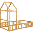 Wooden Floor Bed with Fence Railings and Detachable House Shape Headboard, Twin Size Bed with Kids Dress Up Rack, Kids Montessori Style Playhouse Frame for Girls Boys, Natural