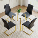 A modern minimalist style round transparent tempered glass table with gold metal legs, paired with 4 modern PU leather high-back dining chairs, bring a luxurious experience.