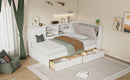 Wooden Twin Size L-shaped Daybed Corner Bed Under-bed Drawers  with Storage Bookcase and Upholstered Headboard and USB Charging Ports for Limited Space,White