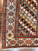Caucasian Kazak Runner Rug 3.6 x 8, Wool Hand Knotted Antique 1880s Carpet, Ivory & Multicolor Stripes Oriental Runner Rug, Hallway Rug