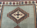 Turkish Kazak Rug 4x6, Geometric Medallion, Caucasian Design Rug, Semi Antique Vintage, Mint Green Maroon Ivory
