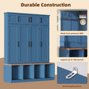 [Assembly Video Provided]  Farmhouse Hall Tree with 4 Hidden Hanging Hooks, Versatile Walnut Seating Bench with 8 Doors, Entryway Shoe Cabinet with Open Compartments for Living Room, Blue