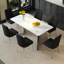 Table and chair set.63*31.4 Inch Luxurious Cold Jade Sintered Stone Dining Table Set - 6 Black Chairs With Silver Metal Legs.Modern Light Luxury.Perfect For Dinner Room,Meeting Room,Kitchen,etc.