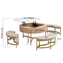 Modern Round Lift-Top Coffee Table with Storage & 3 Ottoman White & Natural