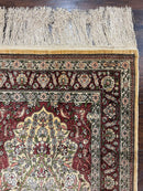 Wonderful Silk Turkish Hereke Prayer Rug 2.8 x 4.5, Tree of Life Design, Signature from Master Weaver, Gold and Burgundy, Handmade, 625 KPSI