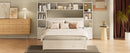 Full Size Pine Wood Platform Bed with All-In-One 2 Nightstand, Storage Shelf and Cabinet Bookcase with 2 Charging Stations, Multi-Functional Captain Bed Frame with 3 Drawers, No Box Spring Needed