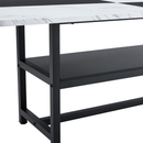 Table and chair set.71*35.4 inch White And Black Spliced Dining Table With Storage Function In The Middle Of The Table Legs.Paired With 8 Black PU Dining Chairs, Simple And Versatile.