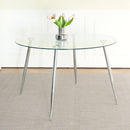 Modern simple round glass table, wear-resistant tempered glass countertop, electroplated table legs, grey PU dining chair set, suitable for restaurant kitchen use (set of 7)